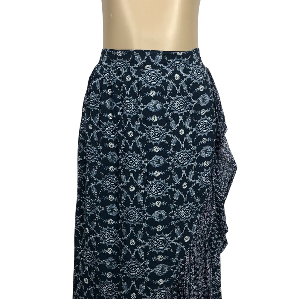 Knox Rose Boho Floral Ruffle High Low Maxi Skirt XXL Festival Hippie Navy Blue - Picture 3 of 12